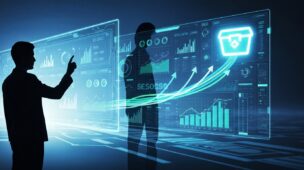 Uma pessoa interage com um painel holográfico vibrante, exibindo gráficos e dados que simbolizam como analisar resultados de SEO para impulsionar o sucesso digital.