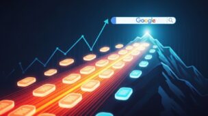 Ilustração digital de um caminho ascendente de conteúdo otimizado, culminando em uma posição de destaque no Google, simbolizando como criar conteúdo que ranqueia no Google e alcança sucesso.
