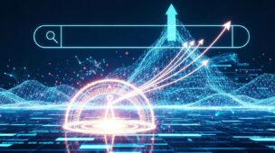 Caminho ascendente em um ambiente digital futurista, simbolizando o sucesso no Google e na era da IA, sobre estratégias completas de otimização SEO.