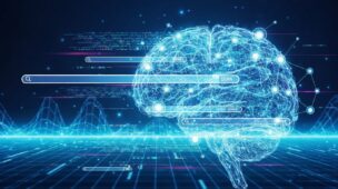 Representação visual dinâmica da convergência entre otimização SEO e inteligência artificial, com redes neurais e fluxos de dados, ilustrando o futuro da otimização SEO e IA.