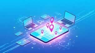 Ilustração vibrante de um smartphone exibindo um mapa com pinos de localização, cercado por outros dispositivos digitais e fluxos de dados, simbolizando a otimização SEO local e mobile e a conexão com clientes.