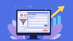 Ilustração de página de captura de leads com elementos de funil de vendas e crescimento.