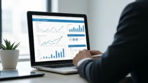 Gráficos de receita e análise de tráfego do site em um laptop, representando a venda de espaço publicitário.
