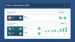 Painel de controle digital mostrando análise de backlinks e métricas de SEO.