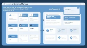 Ilustração do conceito de Schema Markup conectando sites e mecanismos de busca